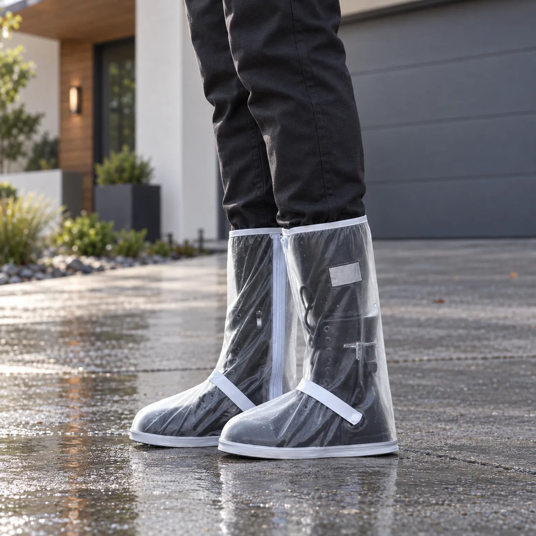 Side view of clear tall shoe covers with white trim worn over black boots on a wet driveway outside a house. 3