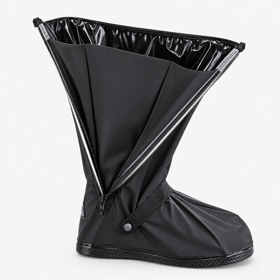 Black shoe cover standing alone with its side zipper fully open, showing the glossy black inner lining and ankle strap. 5