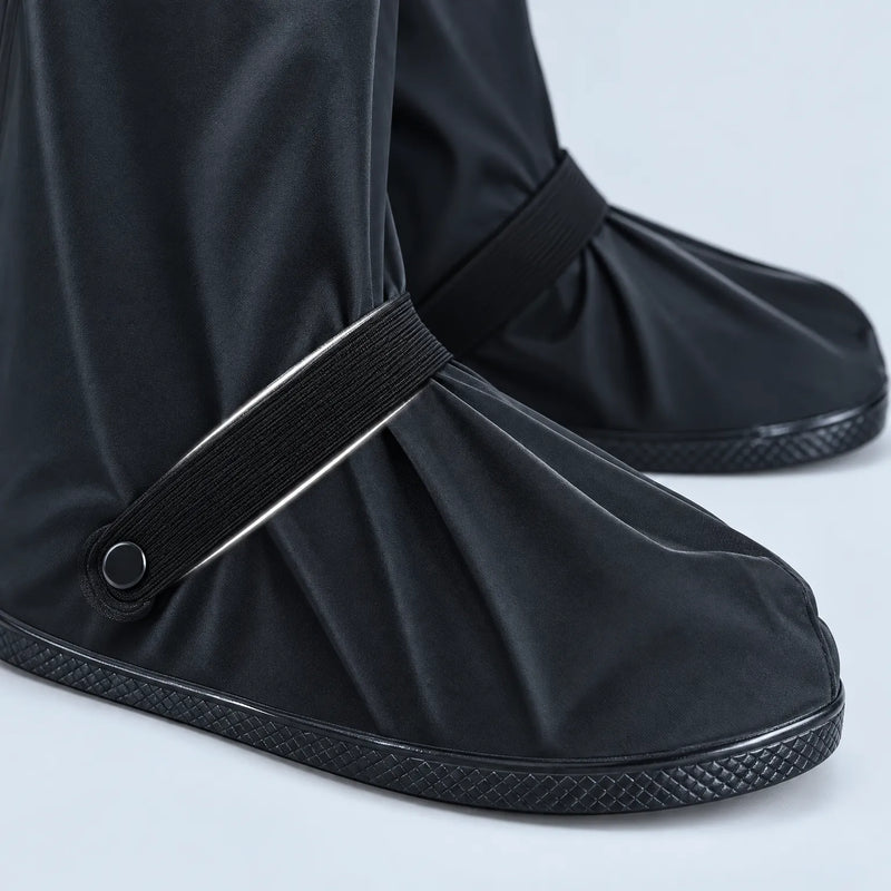 Close-up of the black shoe cover toe area showing the elastic ankle strap with snap button and textured rubber sole. 6
