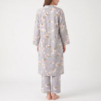 Back view of the grey floral robe worn with matching trousers, showing the scattered pink and white flower print. 3