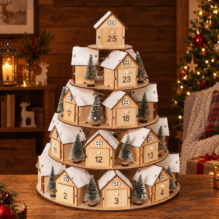 Tiered wooden advent calendar of snow-roofed numbered houses and mini fir trees, styled on a table beside a lit Christmas tree. 1