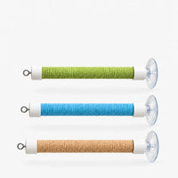 Three bird perches stacked in a row, wrapped in green, blue and natural tan textured cord, each with a clear suction cup and metal hook. 1