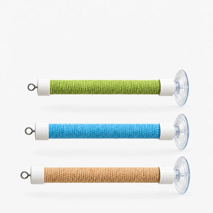 Three bird perches stacked in a row, wrapped in green, blue and natural tan textured cord, each with a clear suction cup and metal hook. 1