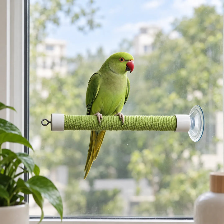 Green parakeet with a red beak perched on the green-wrapped perch, suction-cupped to a window with blurred trees and a houseplant beyond. 2