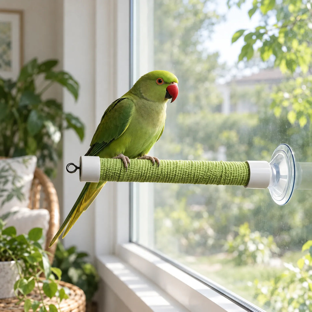 Green parakeet standing on the green perch fixed to a bright window, seen from an angle with a wicker chair and plants indoors. 3