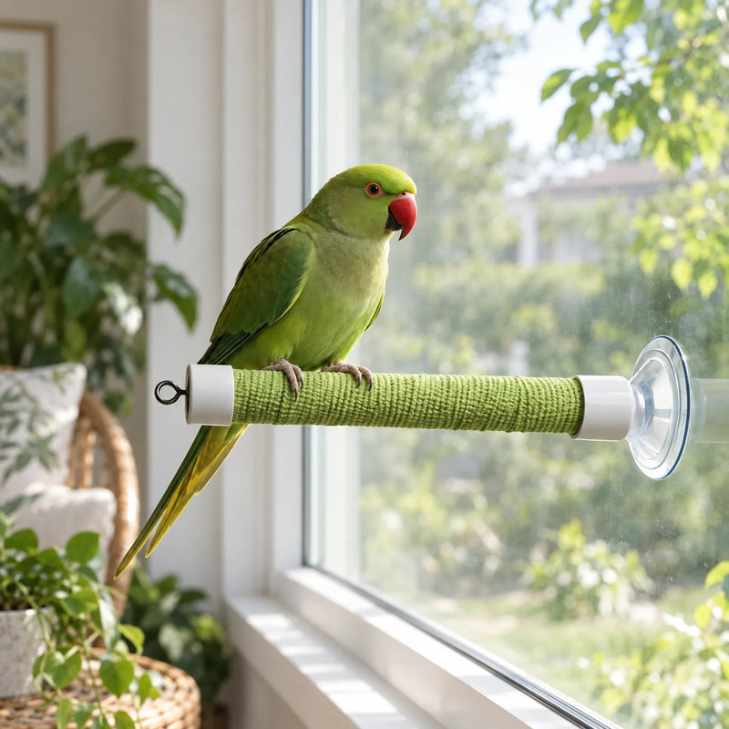Green parakeet standing on the green perch fixed to a bright window, seen from an angle with a wicker chair and plants indoors. 3