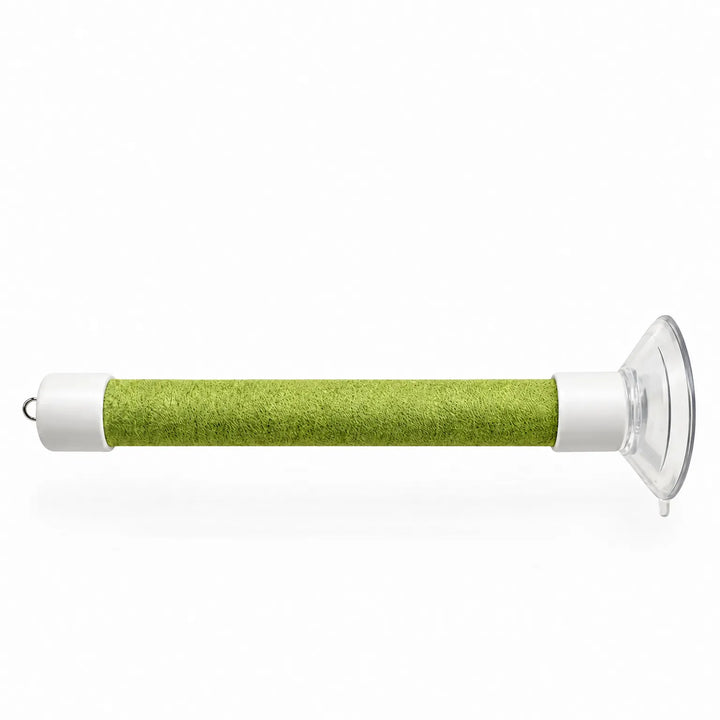 Single green perch on a plain white background, showing the textured wrap, white end caps, metal hook and clear suction cup. 5