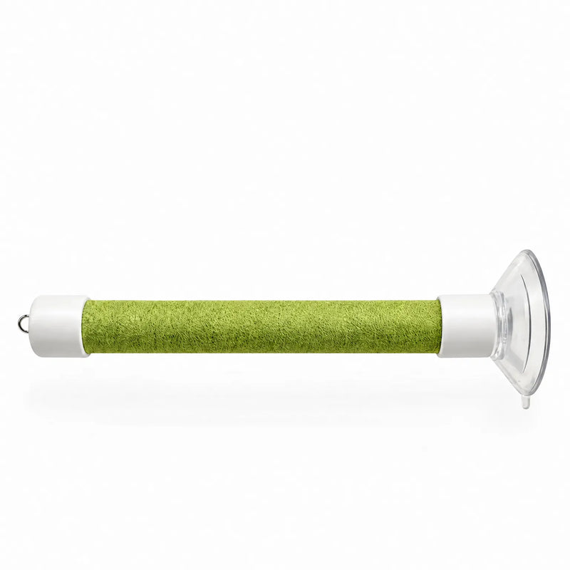 Single green perch on a plain white background, showing the textured wrap, white end caps, metal hook and clear suction cup. 5