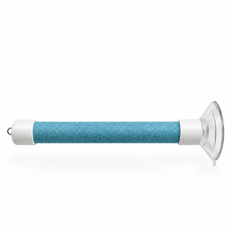 Single blue perch on a plain white background, showing the textured wrap, white end caps, metal hook and clear suction cup. 6