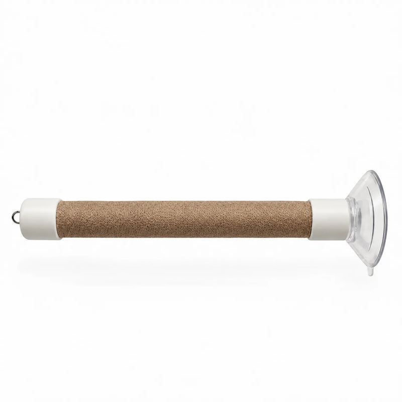 Single perch with a natural tan woven wrap on a plain white background, with white end caps, metal hook and clear suction cup. 7
