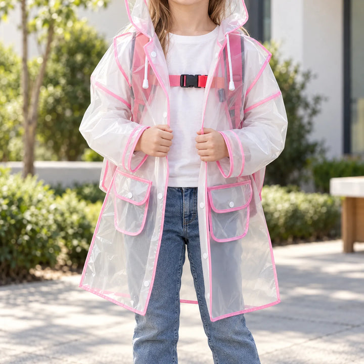 Girl outdoors wearing the clear raincoat with pink trim open over a white t-shirt, jeans and a pink backpack, hands gripping the front edges. 1