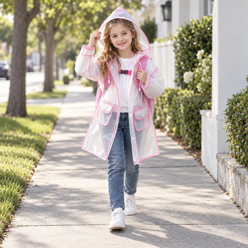 Smiling girl walking along a sidewalk in the clear raincoat with pink trim, one hand holding the hood, wearing a pink backpack. 3