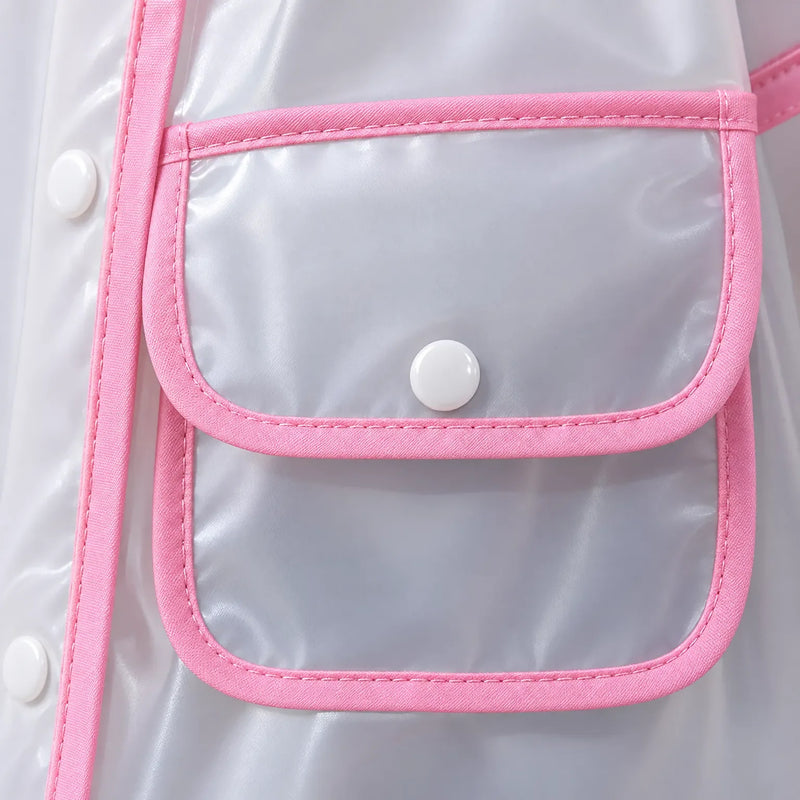 Close-up of a flap pocket on the clear raincoat, with pink fabric binding, stitched edges and a white snap button. 6