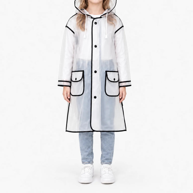 Front view of a girl standing in the frosted raincoat with black trim, two flap pockets, snap buttons and white drawstring hood. 7