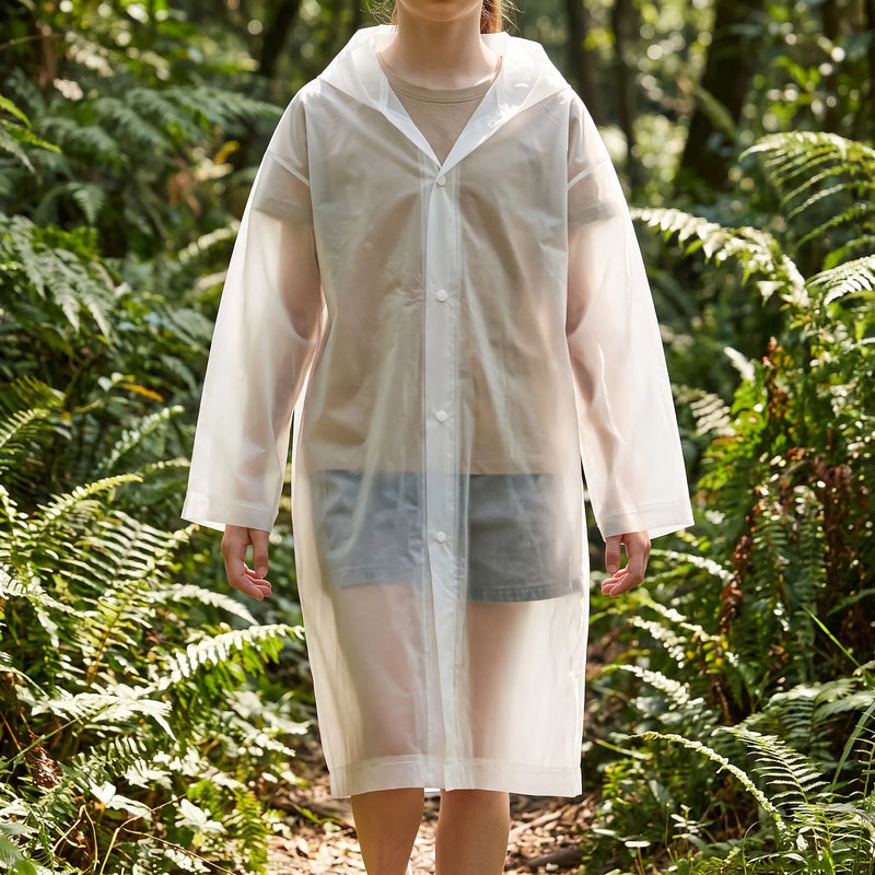 Child in a frosted white translucent hooded raincoat fastened with snap buttons, standing on a forest path among ferns. 1
