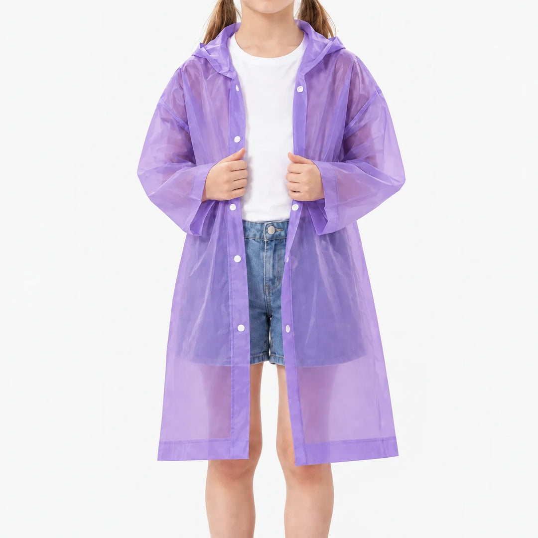 Girl in an unfastened translucent purple hooded raincoat over a white t-shirt and denim shorts, showing the snap buttons. 10