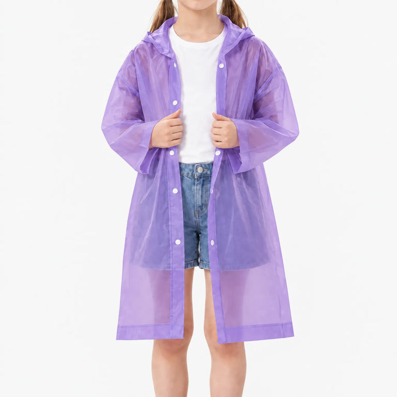 Girl in an unfastened translucent purple hooded raincoat over a white t-shirt and denim shorts, showing the snap buttons. 10