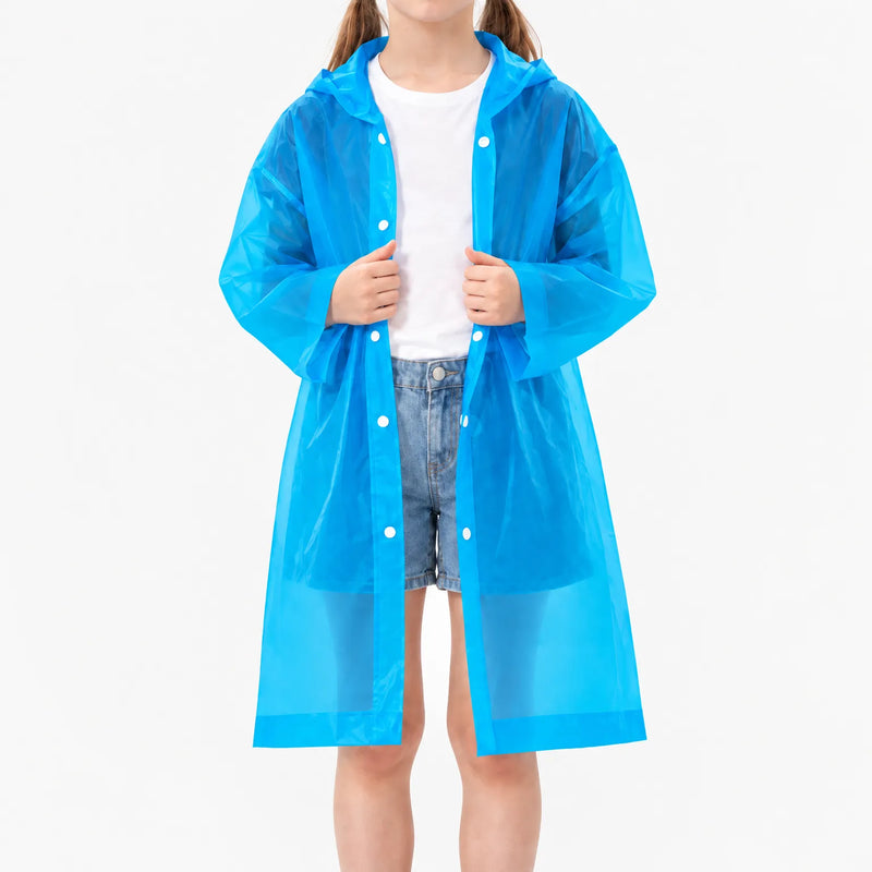 Girl in an unfastened translucent blue hooded raincoat over a white t-shirt and denim shorts, showing the snap buttons. 11