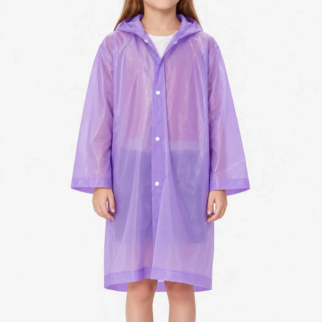 Front view of a girl wearing a translucent purple hooded raincoat closed with white snap buttons, against a plain white background. 2