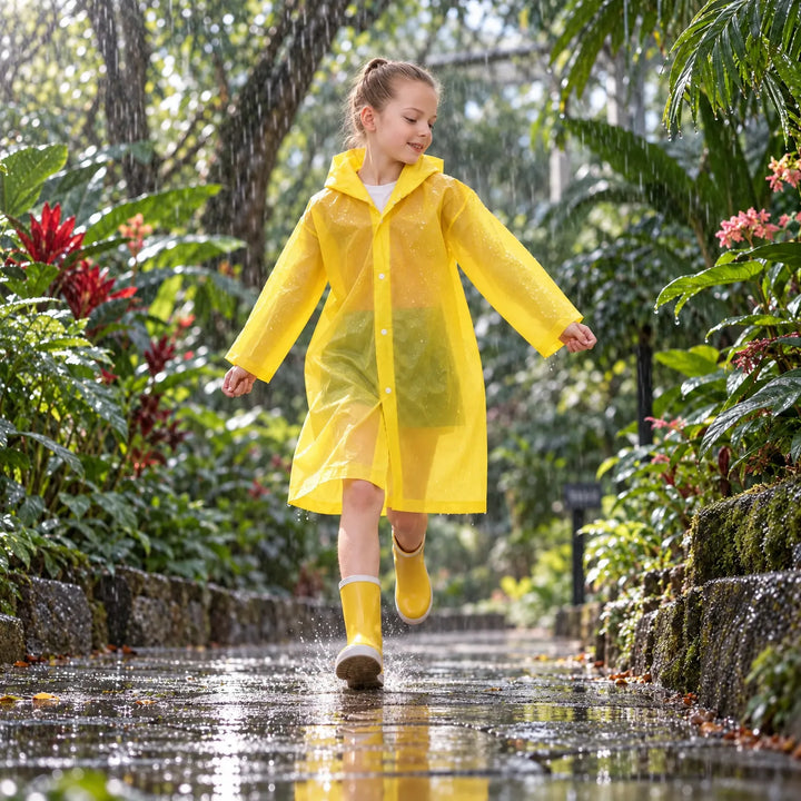 Girl in a translucent yellow hooded raincoat and yellow rubber boots splashing through a puddle in a rainy garden. 3