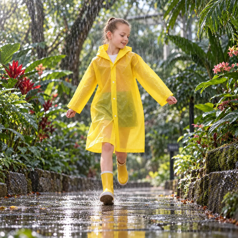 Girl in a translucent yellow hooded raincoat and yellow rubber boots splashing through a puddle in a rainy garden. 3