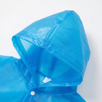 Close-up of a translucent blue raincoat hood showing the seams, hood edge and a white snap button at the collar. 6