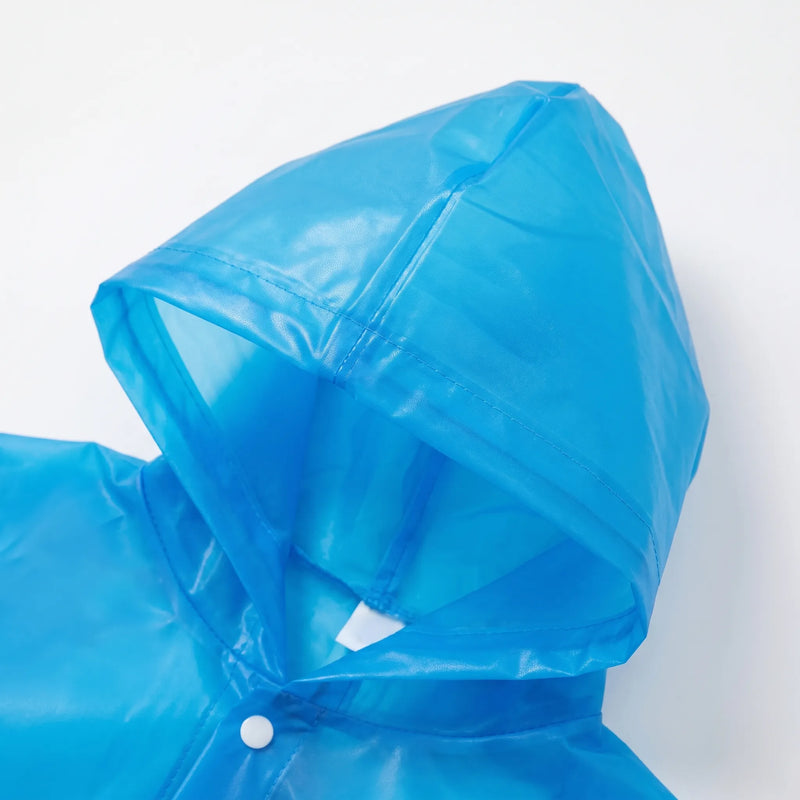 Close-up of a translucent blue raincoat hood showing the seams, hood edge and a white snap button at the collar. 6