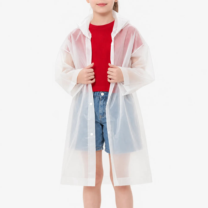 Girl wearing a frosted white translucent raincoat left open over a red top and denim shorts, holding the front edges. 7
