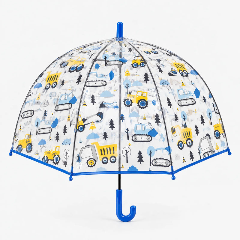Clear dome umbrella with blue trim and handle, printed with yellow dump trucks and tractors, blue diggers, trees and clouds. 10