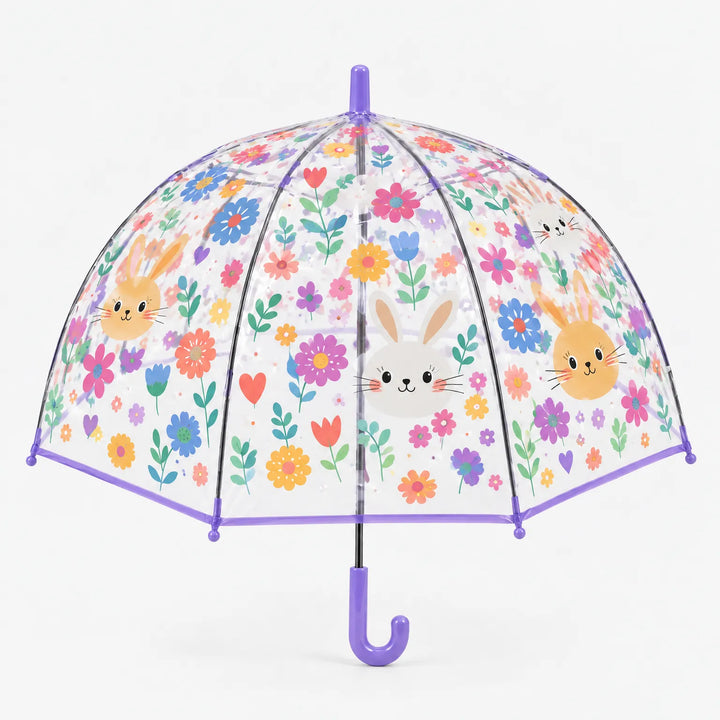 Clear dome umbrella with lilac trim and handle, printed with bunny faces, colorful flowers, tulips and hearts, front view on white background. 11