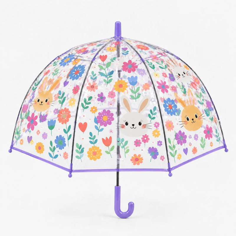 Clear dome umbrella with lilac trim and handle, printed with bunny faces, colorful flowers, tulips and hearts, front view on white background. 11