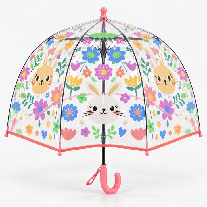 Clear dome umbrella with coral pink trim and handle, printed with bunny faces and colorful flowers, hearts and tulips. 12