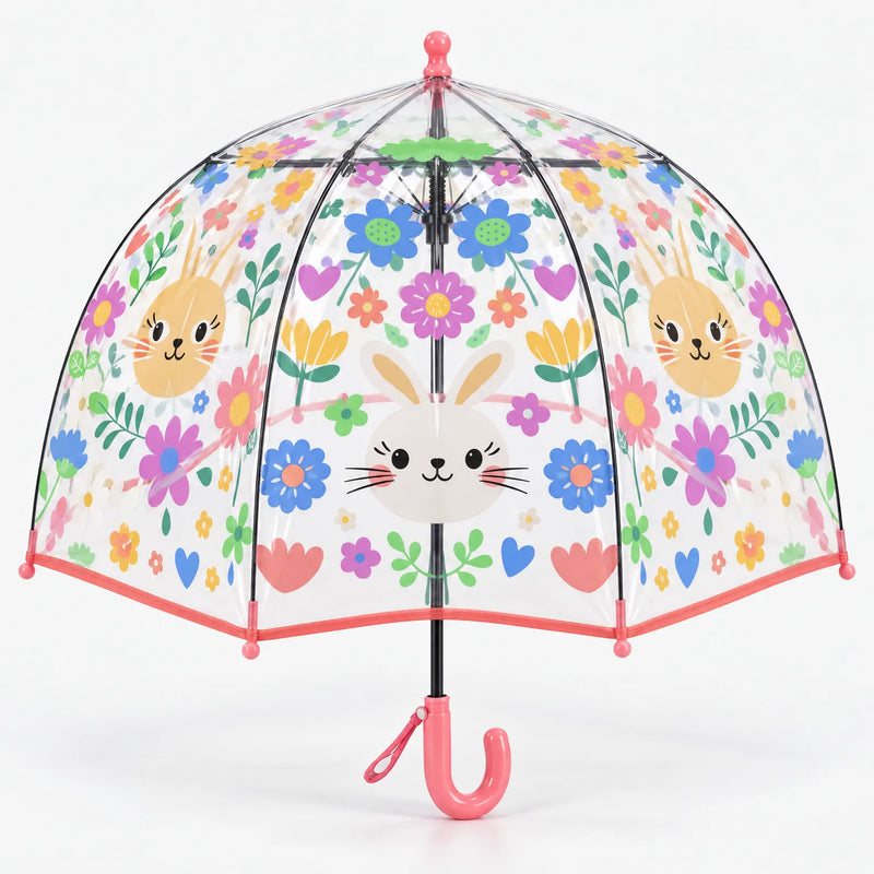 Clear dome umbrella with coral pink trim and handle, printed with bunny faces and colorful flowers, hearts and tulips. 12