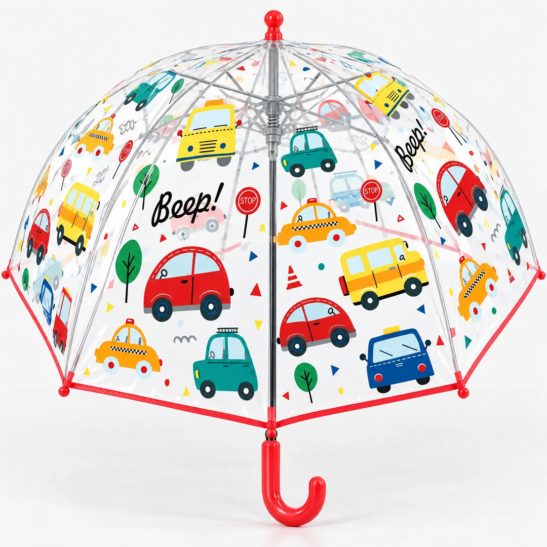 Clear dome umbrella with red trim and handle, printed with colorful cars, taxis, buses and stop signs, seen from slightly below showing the ribs. 14