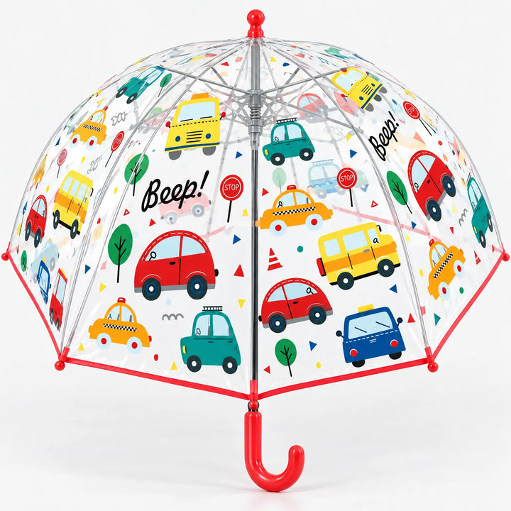 Clear dome umbrella with red trim and handle, printed with colorful cars, taxis, buses and stop signs, seen from slightly below showing the ribs. 14