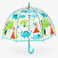 Clear dome umbrella with turquoise trim and hook handle, printed with green and blue dinosaurs and orange volcanoes, on white background. 2