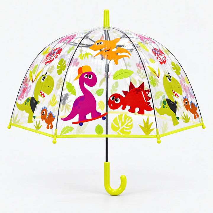 Clear dome umbrella with lime green trim and handle, printed with cartoon dinosaurs, including one on a skateboard, among leaves on white background. 4
