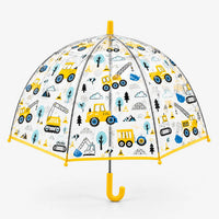 Clear dome umbrella with yellow trim and handle, printed with yellow construction vehicles, cranes, trees and traffic cones, front view on white background. 5
