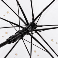 Close-up of the black metal ribs, spring runner and shaft on the underside of an open umbrella with small gold stars. 6
