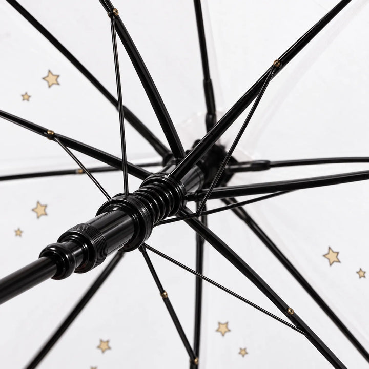 Close-up of the black metal ribs, spring runner and shaft on the underside of an open umbrella with small gold stars. 6