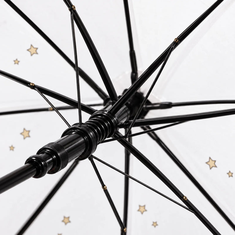 Close-up of the black metal ribs, spring runner and shaft on the underside of an open umbrella with small gold stars. 6
