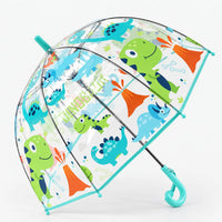 Clear dome umbrella with turquoise trim and hook handle, tilted to show a dinosaur and volcano print on one side. 7