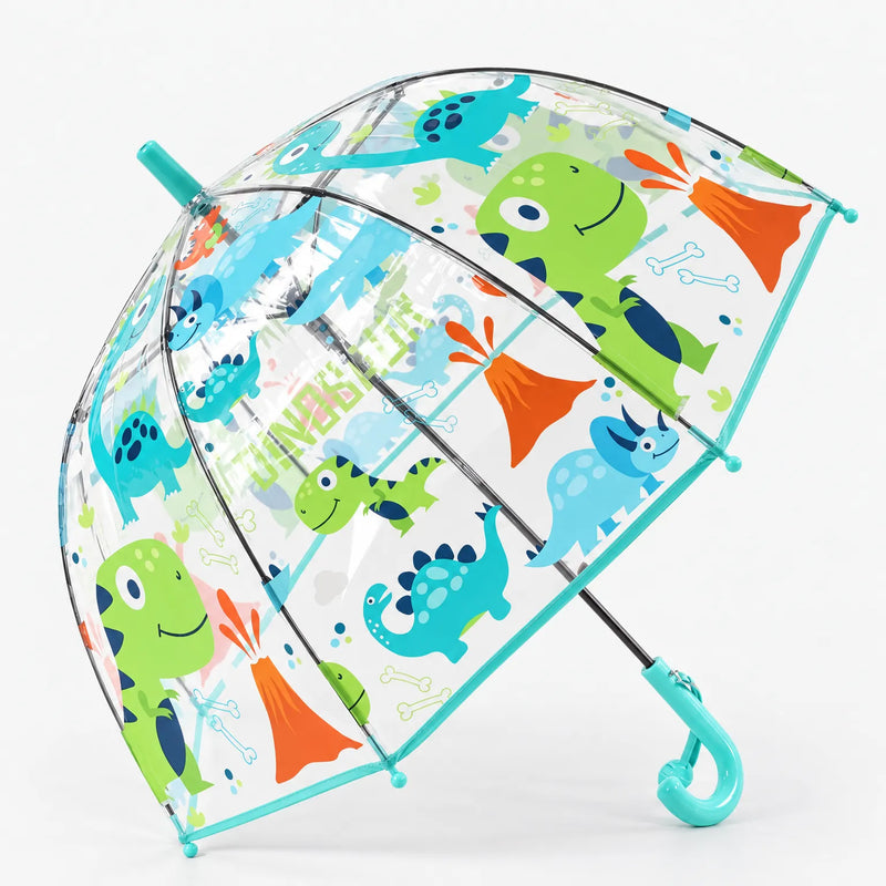 Clear dome umbrella with turquoise trim and hook handle, tilted to show a dinosaur and volcano print on one side. 7