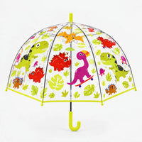 Clear dome umbrella with lime green trim and handle, printed with dinosaurs, a purple one on a skateboard, and large green leaves. 8