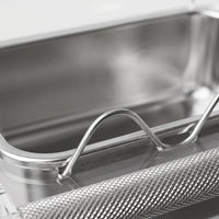 Close-up of the stainless steel dish, its wavy clear divider and the knurled metal perch. 3