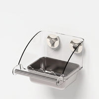 Three-quarter view of the empty feeder with two suction cups, curved clear shield, steel dish and textured perch. 5