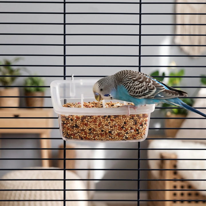 Blue and grey budgerigar perched on the rim of the clear feeder, eating seed, with the feeder hung on a cage. 2