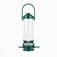 Empty clear tube bird feeder with dark green lid, arched carry handle, two feeding ports and small perches, shown against white. 1