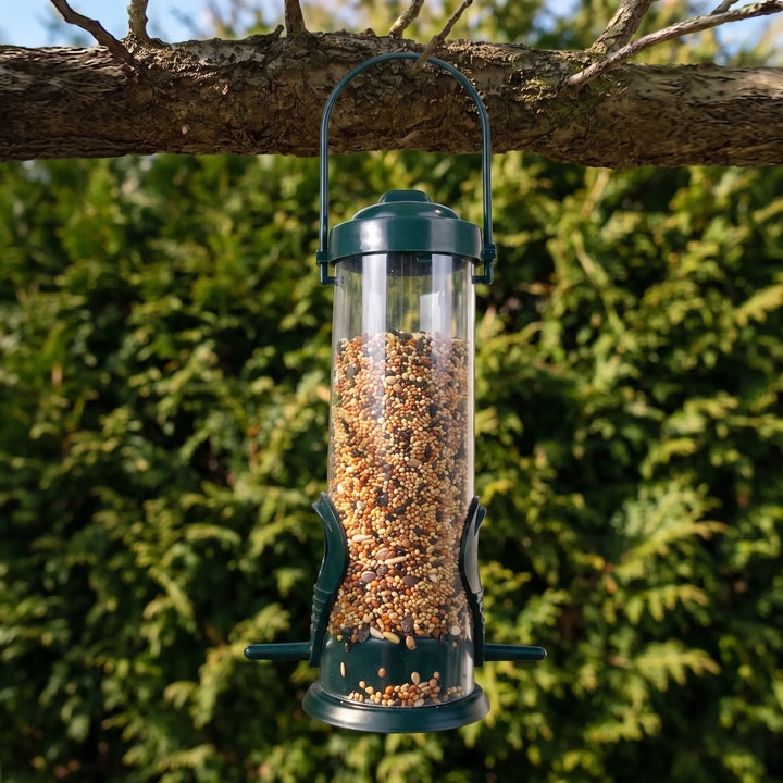 Feeder filled with mixed seed hanging from a tree branch by its green handle, with leafy hedge behind. 2
