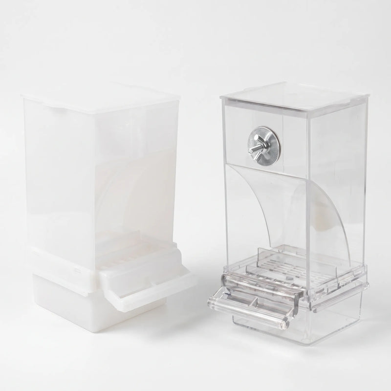 Frosted white and clear feeders shown from a slightly different angle, with the metal fixing screw and fold-out perch visible. 4